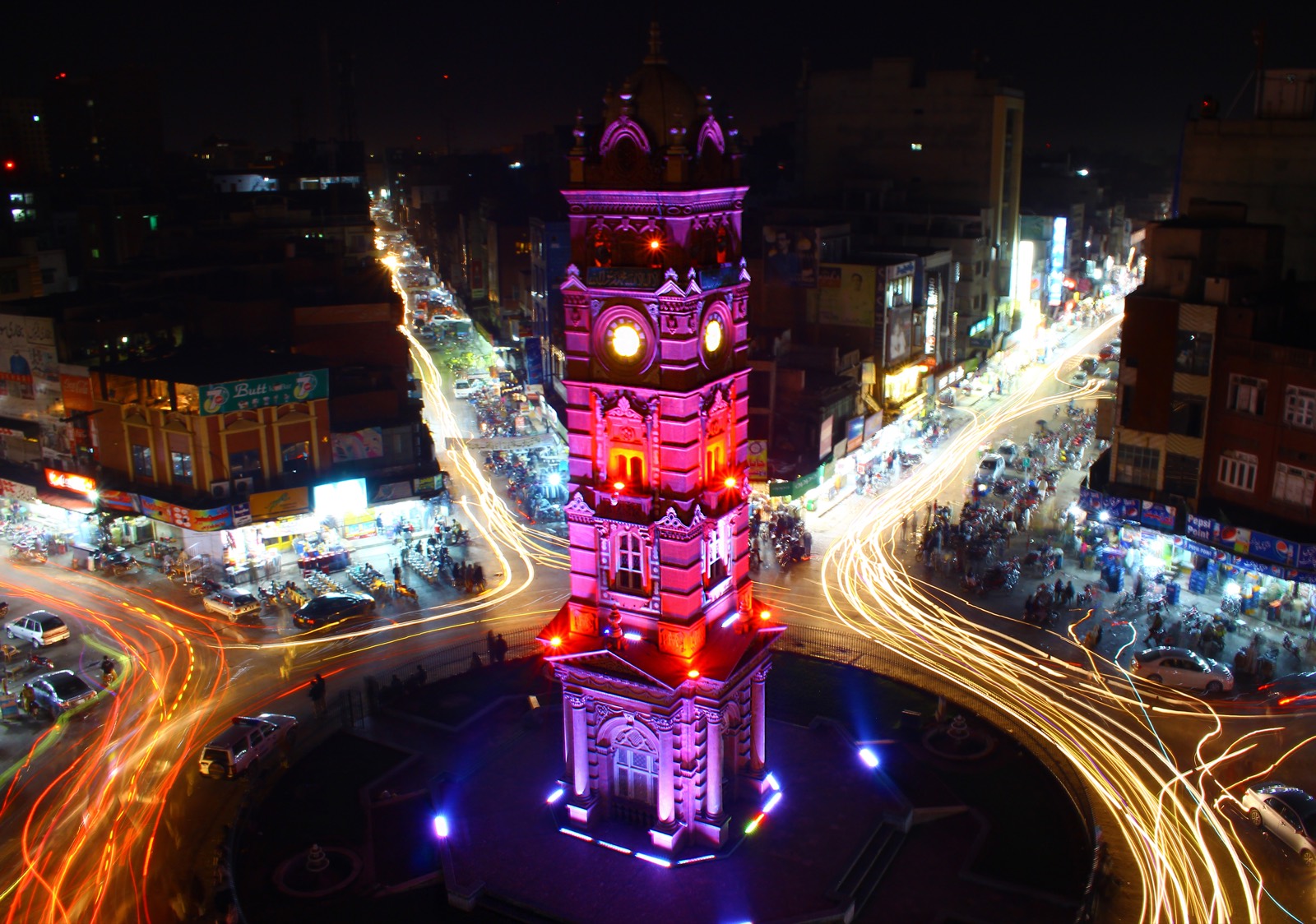 Faisalabad Clock Tower illuminated at night