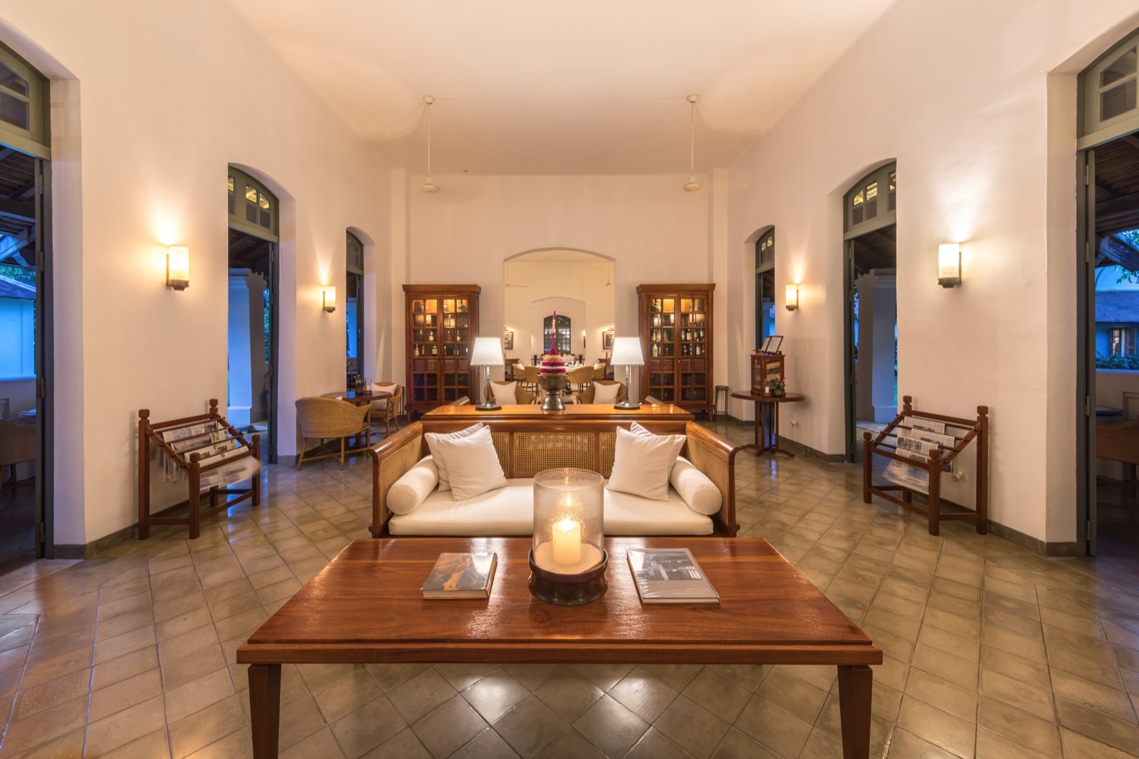 An elegant hotel reception lounge at evening