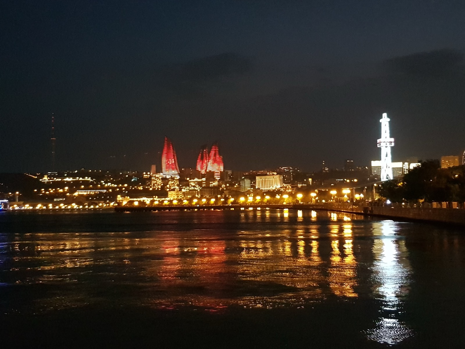 Baku Flame Towers glowing red at night